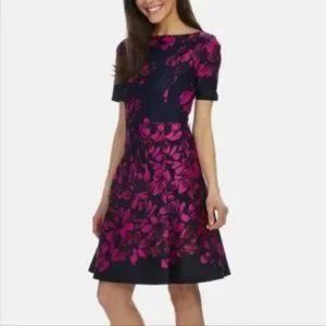 Donna Morgan Fit and Flare Dress in Blue with Purple Floral Design